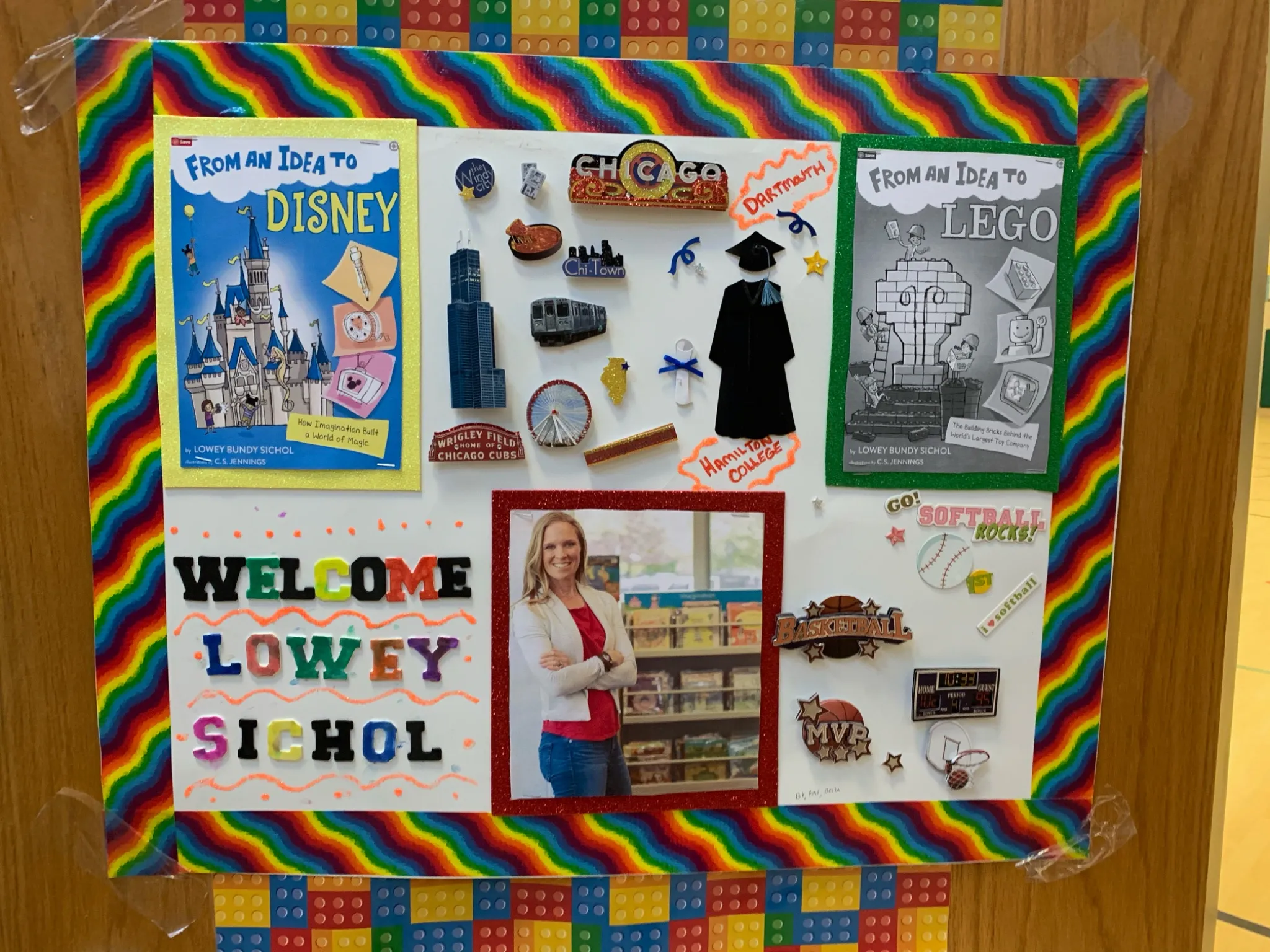 Welcome poster for Lowey Bundy Sichol’s elementary school author visit featuring book covers and local icons.