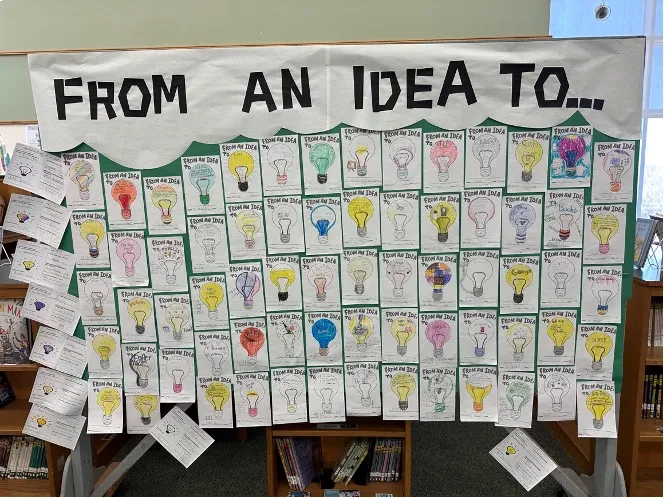 From an Idea To… classroom display with student artwork inspired by Lowey Bundy Sichol’s books during an author visit.